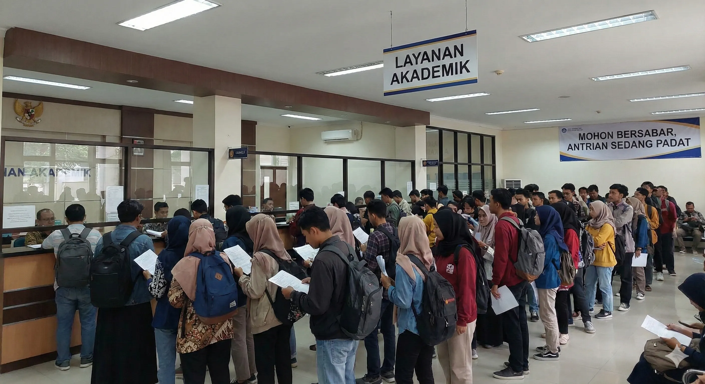 Ilustrasi antrian menumpuk mahasiswa di lobi administrasi karena ramai